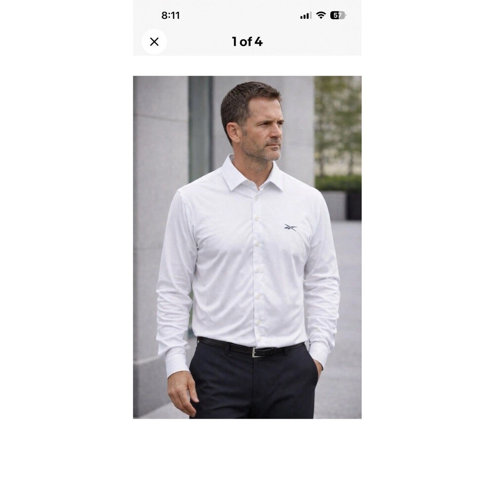Reebok Slim Fit Dress Shirt Men’s Large White Stretch Performance 32/33